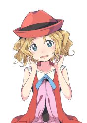 Rule 34 | 1girl, blue ribbon, blush, brown hair, creatures (company), game freak, green eyes, hat, ixy, looking at viewer, nintendo, open mouth, pokemon, pokemon (anime), pokemon xy (anime), red hat, ribbon, serena (pokemon), short hair, simple background, sleeveless, solo, white background