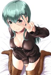 Rule 34 | 10s, 1girl, aqua eyes, aqua hair, bad id, bad twitter id, bed sheet, blush, breasts, brown thighhighs, buttons, collarbone, hair ornament, hairclip, highres, inactive account, kantai collection, looking at viewer, sitting, smile, solo, suzuya (kancolle), thighhighs, v, wa (genryusui), wariza