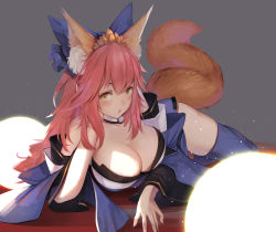 Rule 34 | 10s, 1girl, animal ears, bad id, bad pixiv id, blue bow, blue thighhighs, bow, breasts, cleavage, detached collar, detached sleeves, fate/extra, fate (series), fox ears, fox tail, hair bow, highres, japanese clothes, kimono, large breasts, long hair, long sleeves, looking at viewer, lying, obi, on side, pink hair, sash, solo, tail, tamamo (fate), tamamo no mae (fate/extra), thighhighs, toriumi harumi, wide sleeves
