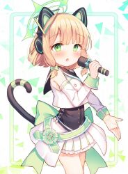 Rule 34 | 1girl, alternate costume, animal ear headphones, animal ears, blonde hair, blue archive, blush, cat tail, cowboy shot, detached sleeves, fake animal ears, fang, green eyes, green halo, halo, headphones, highres, holding, holding microphone, looking at viewer, microphone, midori (blue archive), moeno uni, open mouth, pleated skirt, short hair, skin fang, skirt, solo, tail, white skirt, white sleeves