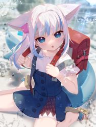 Rule 34 | 1girl, animal ears, anywhere knock, backpack, bag, bare legs, blue dress, blue eyes, blue hair, blush, dress, extra ears, fins, fish tail, gawr gura, hair ornament, highres, holding strap, hololive, hololive english, long hair, looking at viewer, multicolored hair, parted lips, ponytail, sandals, shark tail, short sleeves, sitting, solo, streaked hair, tail, thighs, virtual youtuber, wariza, white hair