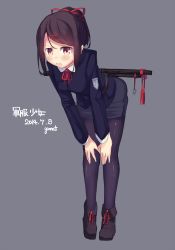 Rule 34 | 1girl, artist name, bent over, black hair, black pantyhose, blush, brown eyes, dated, garnet, hair ornament, hair ribbon, hairclip, hands on own knees, looking at viewer, open mouth, original, pantyhose, ribbon, school uniform, short hair, skirt, solo, sword, sword behind back, weapon, weapon on back