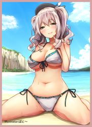 Rule 34 | 10s, 1girl, artist name, baffu, beach, beret, bikini, blue eyes, blue sky, blush, breasts, cameltoe, cleavage, cloud, day, finger to mouth, front-tie bikini top, front-tie top, hat, highres, kantai collection, kashima (kancolle), large breasts, long hair, looking at viewer, navel, o-ring, o-ring bikini, outdoors, side-tie bikini bottom, silver hair, sitting, sky, smile, solo, sweat, swimsuit, two side up, wariza, white bikini