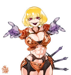 Rule 34 | 1girl, abs, armor, bare shoulders, bikini armor, blonde hair, breastplate, breasts, cleavage, clementine (overlord), collarbone, cowboy shot, dagger, garter straps, gauntlets, knife, large breasts, looking at viewer, navel, open mouth, overlord (maruyama), red eyes, short hair, simple background, smile, solo, standing, teeth, the golden smurf, upper teeth only, weapon, white background