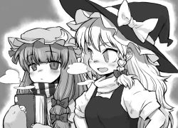 Rule 34 | 2girls, blush, book, bow, braid, breath, cold, crescent, crescent moon, female focus, greyscale, hat, kirisame marisa, monochrome, moon, multiple girls, patchouli knowledge, perfect cherry blossom, scarf, striped clothes, striped scarf, touhou, ume (noraneko), witch, witch hat
