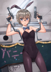 Rule 34 | 1girl, absurdres, animal ears, arms up, artist name, bad id, bad pixiv id, bare arms, bare shoulders, black leotard, black pantyhose, blue bow, blue bowtie, blue eyes, blurry, blurry background, bow, bowtie, breasts, chalkboard, classroom, cleavage, detached collar, dreadtie, dual wielding, fake animal ears, gluteal fold, gun, handgun, highres, holding, holding gun, holding weapon, indoors, leotard, light brown hair, looking at viewer, medium breasts, original, pantyhose, pistol, playboy bunny, rabbit ears, rabbit girl, safety glasses, school, short hair, solo, standing, sweatdrop, trigger discipline, weapon, weapon request, wing collar, wrist cuffs