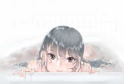 Rule 34 | 1girl, ass, bababababan, bad id, bad pixiv id, bath, bathing, bathtub, black eyes, black hair, long hair, looking at viewer, nude, original, partially submerged, smile, solo, water, wet