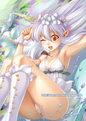 Rule 34 | 1girl, :d, armpits, blush, boots, breasts, cleavage, elf, fairy, flower, ge xi, hair flower, hair ornament, long hair, mini person, minigirl, one eye closed, open mouth, orange eyes, original, pointy ears, silver hair, small breasts, smile, solo, splashing, water, watermark, web address, wink