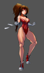 Rule 34 | 1girl, bandages, bare legs, bare shoulders, breakers, breasts, brown eyes, brown hair, cleavage, clenched hands, covered navel, female focus, full body, hand wraps, headband, highres, ishu (ljcwer), large breasts, legs, leotard, long hair, long legs, playboy bunny, ponytail, shoes, sneakers, solo, thick thighs, thighs, tia langray