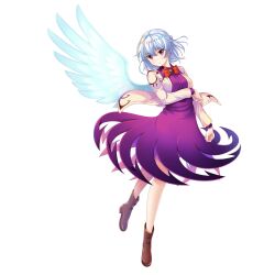 Rule 34 | 1girl, boots, bow, bowtie, braid, brown footwear, closed mouth, dress, french braid, full body, game cg, grey hair, highres, jacket, kishin sagume, long sleeves, looking at viewer, purple dress, red bow, red bowtie, red eyes, rotte (1109), short hair, simple background, single wing, solo, third-party source, touhou, touhou lostword, white background, white jacket, white wings, wings