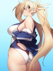 Rule 34 | 1girl, ass, bare shoulders, blonde hair, blue eyes, blue one-piece swimsuit, blush, bradamante (fate), bradamante (first ascension) (fate), braid, breasts, crown braid, fate/grand order, fate (series), highres, kuronyan, large breasts, long hair, looking at viewer, one-piece swimsuit, smile, solo, swimsuit, thighs, twintails, two-tone swimsuit, very long hair, white one-piece swimsuit