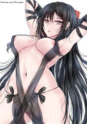 Rule 34 | 1girl, areola slip, arm strap, armpits, arms behind head, black dress, black hair, breasts, brown hair, center opening, collarbone, commentary request, dress, ear piercing, elbow gloves, fate/grand order, fate (series), flower, gloves, hair flower, hair ornament, highres, kuroakei, long hair, medium breasts, navel, piercing, red eyes, revealing clothes, side-tie dress, solo, strapless, strapless dress, very long hair, yu mei-ren (fate)