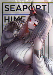 Rule 34 | 1girl, absurdres, abyssal ship, bare shoulders, black horns, breasts, claws, closed mouth, colored skin, commentary, detached sleeves, dress, english commentary, expressionless, finger to mouth, highres, horns, justatest, kantai collection, large breasts, leaning forward, light blush, long hair, looking at viewer, pale skin, red eyes, revision, ribbed dress, ribbed sweater, seaport princess, short dress, sideboob, single horn, skin-covered horns, sleeveless, sleeveless dress, sleeveless turtleneck dress, solo, striped horns, sweater, sweater dress, turtleneck dress, very long hair, white dress, white hair, white skin, white sleeves, white sweater, zoom layer
