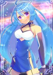 Rule 34 | 1girl, ahoge, azur lane, bare shoulders, black choker, black gloves, blue dress, blue hair, blurry, blurry background, blush, breasts, choker, cleavage, closed mouth, collarbone, commentary request, commission, depth of field, dress, elbow gloves, fingerless gloves, gloves, hair between eyes, head tilt, helena (azur lane), kou hiyoyo, long hair, looking at viewer, medium breasts, purple eyes, skeb commission, smile, solo, very long hair