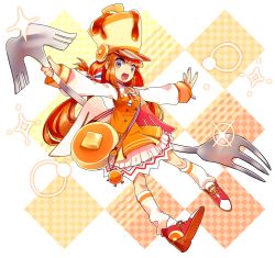 Rule 34 | 1girl, :3, :d, argyle, argyle background, argyle clothes, asymmetrical wings, bad id, bad pixiv id, bag, blue nails, bow, brown eyes, brown hair, butter, eyebrows, food, fork, full body, hair bow, hat, highres, kneehighs, long hair, looking at viewer, morinaga (brand), nail polish, open mouth, orange skirt, original, osaki naya, oversized object, pancake, personification, pink nails, red footwear, shako cap, shoes, skirt, smile, socks, solo, striped, striped bow, syrup, thick eyebrows, white socks, wings