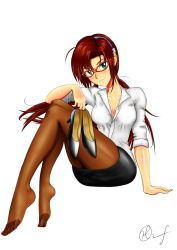 Rule 34 | 1girl, arm support, breasts, brown hair, cleavage, feet, glasses, green eyes, hairband, highres, holding, holding shoes, long hair, looking at viewer, makinami mari illustrious, nail polish, neon genesis evangelion, no shoes, office lady, open clothes, open shirt, pantyhose, shirt, shoes, unworn shoes, sitting, smile, toes, twintails