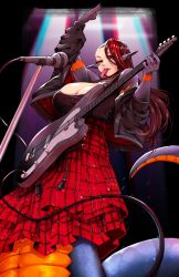 Rule 34 | 1girl, breasts, cleavage, forked tongue, from below, guitar, highres, huge breasts, instrument, lamia, long hair, looking at viewer, microphone, microphone stand, monster girl, off shoulder, original, piercing, plaid, plaid skirt, pointy ears, red eyes, red hair, scribblesquab, skirt, tail, tongue, tongue piercing, uneven eyes