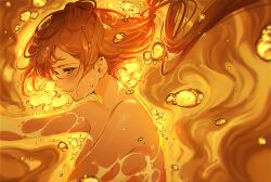Rule 34 | 1girl, absurdres, air bubble, blush, bubble, commentary, crying, crying with eyes open, english commentary, highres, long hair, looking down, nemoto yuuma, nude, original, partially submerged, sad, solo, tagme, tears, underwater, upper body, yellow eyes, yellow theme