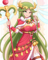 Rule 34 | 1girl, adapted costume, ancient greek clothes, belt, breasts, chiton, christmas, enni, forehead jewel, green eyes, green hair, highres, kid icarus, large breasts, laurel crown, legs, long legs, multiple belts, nintendo, palutena, single thighhigh, solo, staff, thighhighs, thighs, tiara