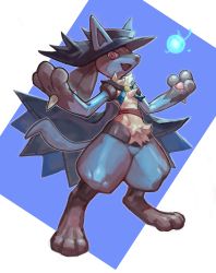 Rule 34 | absurdres, blue background, blue cape, blue headwear, cape, creatures (company), energy, furry, game freak, gen 4 pokemon, hat, highres, lucario, nintendo, open mouth, pokemon, pokemon (creature), red eyes, shaded face, simple background, smile, standing, tapioka chaso, two-tone background, white background