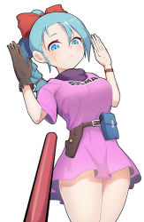 Rule 34 | 1girl, belt, black gloves, blue eyes, blue hair, blush, bow, breasts, bulma, character name, clothes writing, commentary request, cowboy shot, dragon ball, dragon ball (classic), dress, gloves, hair between eyes, hair bow, hands up, large breasts, long hair, pink dress, pouch, red bow, short dress, short sleeves, simple background, single glove, solo, son goku, standing, sweat, thighs, white background, z.o.b