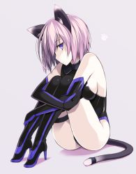 Rule 34 | 1girl, animal ears, armor, armored dress, bare shoulders, bikini, black footwear, black gloves, black hair, black leotard, black thighhighs, boots, breast press, breasts, cat ears, cat tail, closed mouth, elbow gloves, fate/grand order, fate (series), fetal position, from side, full body, gloves, grey background, hair between eyes, halterneck, head tilt, high heel boots, high heels, hugging own legs, kemonomimi mode, legs together, leotard, light purple hair, looking at viewer, mash kyrielight, ohta yuichi, pale skin, paw print, pink hair, profile, purple eyes, purple hair, shadow, short hair, side-tie bikini bottom, sideboob, simple background, sitting, solo, swimsuit, tail, thigh boots, thigh strap, thighhighs, turtleneck