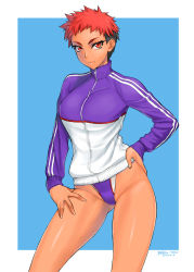 Rule 34 | 1girl, artist name, bang-you, black hair, blue background, commentary request, competition swimsuit, contrapposto, cowboy shot, dated, hand on own hip, highleg, highleg swimsuit, highres, jacket, looking at viewer, multicolored hair, multicolored jacket, one-piece swimsuit, original, purple one-piece swimsuit, red eyes, red hair, solo, swimsuit, swimsuit under clothes, tan, tomboy, track jacket, two-tone background, two-tone hair, two-tone jacket, white background