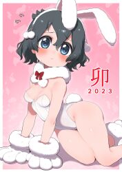 Rule 34 | 1girl, 2023, :&lt;, animal ears, animal hands, arm support, bare legs, bare shoulders, black hair, blue eyes, blush, bow, breasts, chinese zodiac, cleavage, commentary request, dot nose, embarrassed, fake animal ears, fake tail, fur-trimmed footwear, fur-trimmed gloves, fur scarf, fur trim, gloves, hair between eyes, hair ornament, highleg, highleg leotard, highres, kaban (kemono friends), kemono friends, leotard, looking at viewer, on floor, paw gloves, pink background, playboy bunny, pom pom (clothes), pom pom hair ornament, rabbit ears, rabbit tail, ransusan, red bow, scarf, short hair, small breasts, solo, tail, thick thighs, thighs, wavy hair, white footwear, white gloves, white leotard, white scarf, year of the rabbit