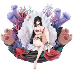 Rule 34 | 1girl, amphitrite (last origin), anklet, areola slip, arms under breasts, barefoot, black hair, bracelet, breasts, cleavage, collarbone, coral, feet, flower, full body, fundoshi, hair between eyes, hair flower, hair ornament, highres, japanese clothes, jewelry, kelp, knee up, large breasts, last origin, leaf bikini, leaf bracelet, leg up, legs, long hair, looking at viewer, mel (dodosae), navel, necklace, net, octopus, official alternate costume, official art, open mouth, pink flower, red eyes, seaweed, shell, shell necklace, simple background, sitting, skindentation, smile, solo, starfish bikini, sweat, swimsuit, tachi-e, third-party source, toenails, toes, transparent background