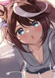 Rule 34 | 1girl, alternate costume, blush, breasts, brown hair, casual, cleavage, collarbone, commentary request, heart, heart-shaped pupils, highres, horse girl, jewelry, long hair, looking at viewer, necklace, open mouth, ponytail, pov, reaching, reaching towards viewer, saboten mushi, small breasts, solo, symbol-shaped pupils, tokai teio (umamusume), umamusume