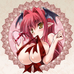 Rule 34 | 1girl, bat wings, box, breasts, gift, gift box, hair intakes, head wings, heart-shaped box, highres, koakuma, large breasts, long hair, looking at viewer, mouth hold, naked ribbon, nude, pointy ears, red hair, ribbon, smile, solo, touhou, upper body, valentine, wings, yamu (reverse noise), yellow eyes