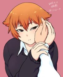 Rule 34 | 1boy, 1girl, :t, arm grab, blush, breasts, dated, fuchibeppu chiyuri, hair flaps, hand on another&#039;s face, large breasts, looking at viewer, nail polish, original, pink nails, pov, pov hands, red hair, short hair, signature, sweater, tsukudani (coke-buta), tsurime, twitter username, upper body