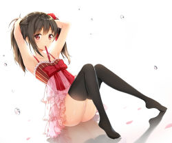 Rule 34 | 10s, 1girl, adjusting hair, bare arms, bare shoulders, black hair, black thighhighs, bow, collarbone, fanqie jidan, full body, long hair, love live!, love live! school idol festival, love live! school idol project, mouth hold, no shoes, red eyes, reflection, ribbon, simple background, sitting, sleeveless, solo, thighhighs, twintails, tying hair, yazawa nico