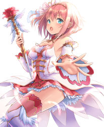 Rule 34 | 1girl, :o, aqua eyes, bare shoulders, blush, breasts, detached sleeves, feathers, hirokazu (analysis-depth), holding, holding staff, medium breasts, miniskirt, open mouth, outstretched arm, pink hair, princess connect!, reaching, reaching towards viewer, short hair, skirt, solo, staff, thighhighs, thighs, white background, white sleeves, yui (princess connect!)