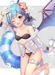 Rule 34 | 1girl, ;d, ahoge, arm up, armpit crease, bare shoulders, barefoot, bat earrings, bat wings, bikini, black bikini, black ribbon, blue hair, blue innertube, blush, braid, breasts, collarbone, commentary request, earrings, fang, flower, hair flower, hair ornament, hair ribbon, hibiscus, holding, holding clothes, holding footwear, jewelry, looking at viewer, one eye closed, open mouth, red eyes, remilia scarlet, ribbon, ruhika, short hair, single braid, small breasts, smile, solo, swimsuit, thigh strap, touhou, wings
