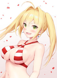 Rule 34 | 1girl, :d, ahoge, bikini, bikini top only, blonde hair, blush, breasts, chacharan, cleavage, criss-cross halter, dutch angle, earrings, fate/grand order, fate (series), gradient background, green eyes, hair intakes, halterneck, highres, jewelry, large breasts, looking at viewer, navel, nero claudius (fate), nero claudius (fate) (all), nero claudius (swimsuit caster) (fate), open mouth, petals, sidelocks, simple background, smile, solo, striped bikini, striped bikini top, striped clothes, swimsuit, twintails