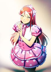 Rule 34 | 1girl, artist name, artist request, back bow, bare legs, blush, bow, collared shirt, corset, eyes visible through hair, female focus, hair bobbles, hair bow, hair ornament, instrument, long hair, love live!, love live! school idol festival, love live! sunshine!!, omoi yo hitotsu ni nare, parted lips, piano, pink bow, pink neckwear, pink scrunchie, pink skirt, polka dot, polka dot bow, polka dot neckwear, polka dot scrunchie, polka dot skirt, puffy short sleeves, puffy sleeves, red hair, sakurauchi riko, scrunchie, shirt, short sleeves, skirt, smile, solo, wrist scrunchie, yon (8 0re)