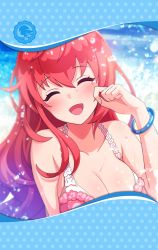 Rule 34 | 1girl, artist request, bangle, blush, bracelet, breasts, cleavage, collarbone, closed eyes, framed image, hand on own cheek, hand on own face, jewelry, large breasts, long hair, official art, open mouth, phantom of the kill, pink one-piece swimsuit, red hair, swimsuit, tearing up, water, wet, yagrush (phantom of the kill)