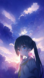 Rule 34 | 1girl, black hair, blue eyes, blush, closed mouth, cloud, cloudy sky, hair between eyes, highres, long hair, looking at viewer, meito (maze), original, outdoors, sailor collar, shirt, short sleeves, sky, solo, sunrise, twintails, upper body, very long hair, white sailor collar, white shirt