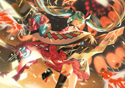 Rule 34 | 1girl, aqua eyes, aqua hair, black skirt, black thighhighs, blurry, blurry background, bow, commentary, confetti, fireworks, folding fan, from behind, from below, hair ornament, hairclip, hand fan, haruri, hatsune miku, highres, holding, holding fan, japanese clothes, kimono, lantern, leg up, long hair, looking at viewer, magical mirai (vocaloid), magical mirai miku, magical mirai miku (2020 summer), night, one eye closed, open mouth, outstretched arms, platform clogs, sandals, single thighhigh, skirt, smile, solo, summer festival, thighhighs, twintails, very long hair, vocaloid, wide sleeves, yukata, zouri