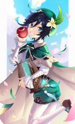Rule 34 | 1boy, androgynous, apple, beret, black hair, blue hair, bow, braid, brooch, cape, cloud, cloudy sky, collared cape, collared shirt, commentary request, corset, day, diamond (shape), feathers, flower, food, frilled sleeves, frills, fruit, gem, genshin impact, gradient hair, green cape, green eyes, green hat, green shorts, grin, hair flower, hair ornament, hat, highres, holding, holding food, holding fruit, holding instrument, ikake (ikaika8), instrument, jewelry, leaf, long sleeves, looking at viewer, lyre, male focus, multicolored hair, outdoors, pantyhose, shirt, shoes, short hair with long locks, shorts, side braids, sidelocks, sky, smile, solo, twin braids, venti (genshin impact), vision (genshin impact), white flower, white pantyhose, white shirt