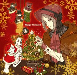 Rule 34 | 1girl, arizuka (catacombe), black flower, bloodborne, bonnet, bow, character doll, cloak, doll joints, flower, gift, grey hair, hand up, happy holidays, hat, hat flower, highres, hunter (bloodborne), joints, long sleeves, messengers (bloodborne), orange bow, plain doll, red background, red bow, red headwear, short hair, smile, snowflakes, socks, striped, striped bow, table, tree