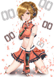 Rule 34 | absurdres, aged down, belt, blush, boots, brown eyes, brown hair, character name, commentary, crop top, falling petals, finger to own chin, fingerless gloves, frilled skirt, frills, full body, gloves, hand on ground, headphones, highres, itogari, kneeling, looking at viewer, meiko (vocaloid), miniskirt, nail polish, open mouth, petals, red gloves, red shirt, red skirt, sakine meiko, shadow, shirt, short hair, shoulder tattoo, skirt, smile, solo, tattoo, vocaloid, white background