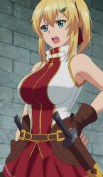 Rule 34 | 1girl, absurdres, annoyed, blonde hair, breasts, emma brightness, fingerless gloves, gloves, green eyes, hand on own hip, highres, knife, large breasts, legs, medium hair, open mouth, ore dake haireru kakushi dungeon, side ponytail, skirt, smile, solo, stitched, thighs, third-party edit, weapon
