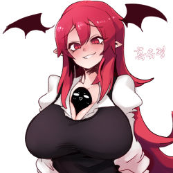 Rule 34 | 1girl, :d, between breasts, black vest, blush, breasts, cleavage, fang, full-face blush, glasses, hair between eyes, head wings, highres, koakuma, large breasts, long hair, looking down, nyong nyong, open mouth, red eyes, red hair, shirt, simple background, smile, solo, touhou, upper body, very long hair, vest, white background, white shirt, wings