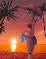 Rule 34 | 1girl, :d, ass, beach, bikini, blue hair, blue sarong, breasts, brown hat, flower, gotland (kancolle), hat, hat flower, highres, kantai collection, kiryu naoto, long hair, looking at viewer, looking to the side, medium breasts, mole, mole under eye, official alternate costume, official alternate hairstyle, open mouth, palm tree, ponytail, red bikini, sarong, see-through sarong, sidelocks, smile, solo, sun hat, sunset, swimsuit, thigh strap, tree