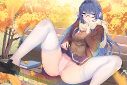 Rule 34 | 1girl, arknights, ass, astesia (arknights), autumn, autumn leaves, beige scarf, bench, black footwear, black skirt, blue eyes, blue hair, blurry, book, bottle, braid, brown jacket, brown sweater vest, cameltoe, chinese commentary, clothes lift, commentary, crotch, day, depth of field, english commentary, finger to mouth, glasses, hair intakes, highres, jacket, leaf, lens flare, lifting own clothes, lingshalan, long hair, looking at viewer, m legs, mixed-language commentary, outdoors, panties, park bench, pink panties, pleated skirt, red neckwear, scarf, semi-rimless eyewear, shirt, signature, sitting, skirt, skirt lift, solo, spread legs, sweater vest, thighhighs, thighs, under-rim eyewear, underwear, white shirt, white thighhighs