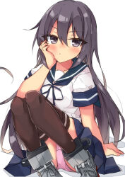 Rule 34 | 1girl, akebono (kancolle), alternate hairstyle, beritabo, black thighhighs, blue sailor collar, blue skirt, blush, closed mouth, collarbone, commentary request, hair between eyes, highres, kantai collection, long hair, looking at viewer, panties, pink panties, pleated skirt, purple eyes, purple hair, rudder footwear, sailor collar, school uniform, serafuku, short sleeves, skirt, solo, thighhighs, underwear