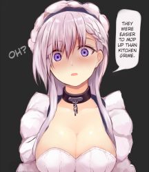 Rule 34 | 1girl, azur lane, belfast (azur lane), blush, braid, breasts, chain, cleavage, collar, empty eyes, french braid, hair between eyes, hard-translated, highres, large breasts, long hair, looking at viewer, maid, maid headdress, open mouth, purple eyes, silver hair, simple background, solo, sukemyon, third-party edit, translated, upper body, yandere