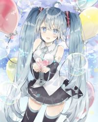 Rule 34 | 1girl, :d, balloon, bare shoulders, black skirt, black sleeves, black thighhighs, blue eyes, bow, breasts, collared shirt, commentary request, detached sleeves, green hair, green necktie, grey bow, grey shirt, hair between eyes, hair ornament, hatsune miku, headphones, headset, heart, highres, long hair, long sleeves, medium breasts, necktie, open mouth, pleated skirt, shirt, sidelocks, siho (ricchil), skirt, sleeveless, sleeveless shirt, smile, solo, thighhighs, tie clip, twintails, very long hair, vocaloid, wide sleeves